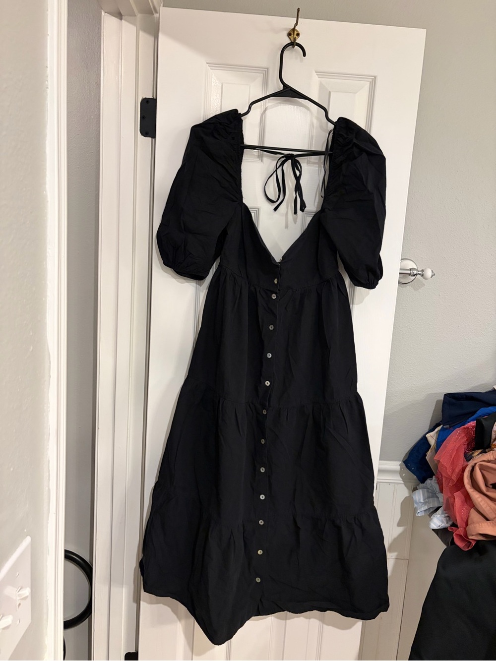 Zara Black Tiered Puff Sleeve Midi Dress Button Front Large
